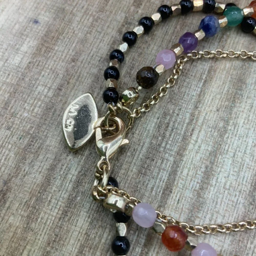 LA CN Mutli Strands Beaded Gold Tone Chain Evil Eye Charm Bracelet